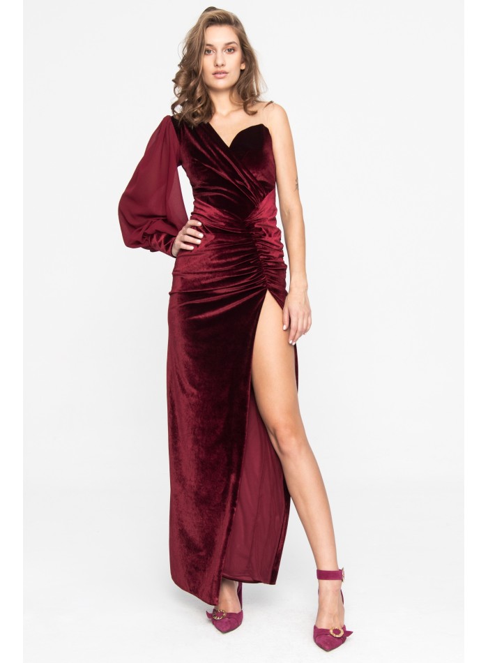 Asymmetrical long burgundy velvet dress with...