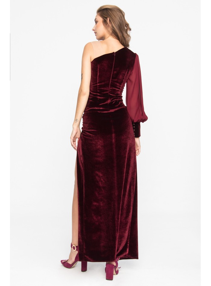 Asymmetrical long burgundy velvet dress with...