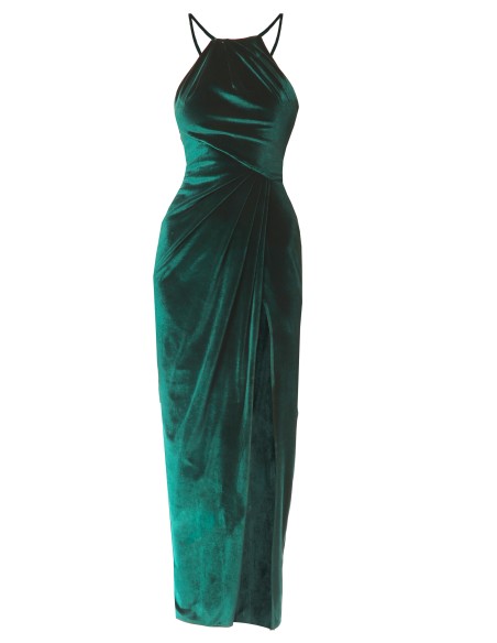 Vestido de fiesta midi en terciopelo verde esmeralda con abertura lateral