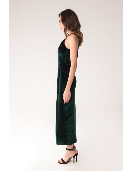 Emerald green velvet midi party dress with side slit