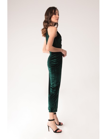 Emerald green velvet midi party dress with side slit