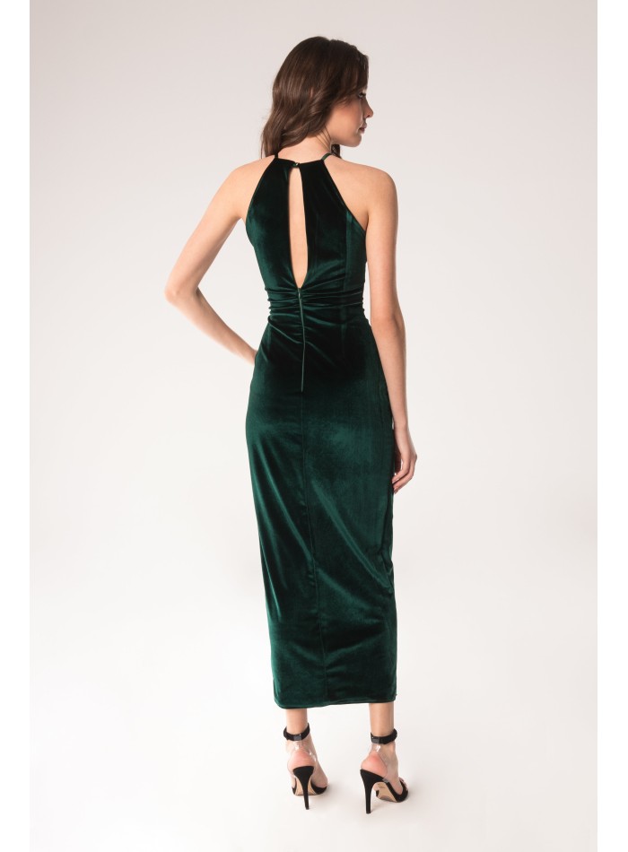 Emerald green velvet midi party dress with side...