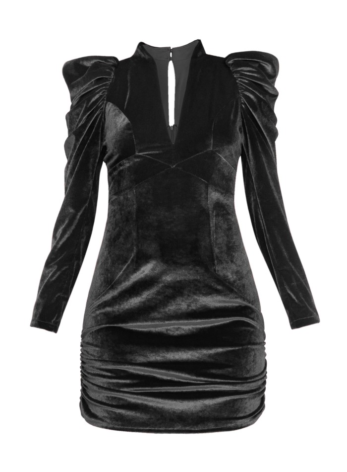 Vestido mini de terciopelo negro con mangas...
