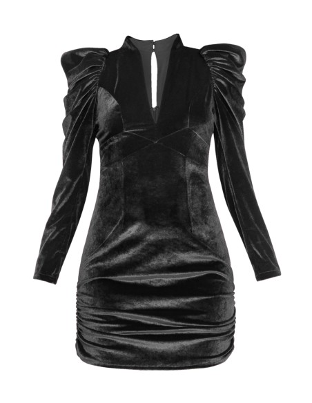 Vestido mini de terciopelo negro con mangas abullonadas