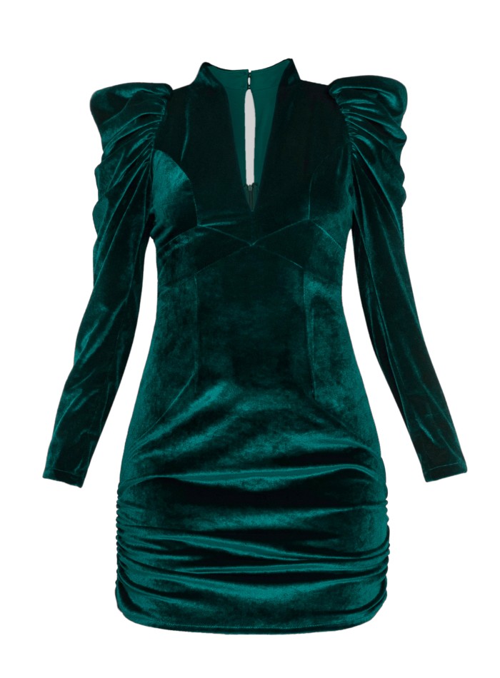 Emerald green velvet mini dress with puffed...