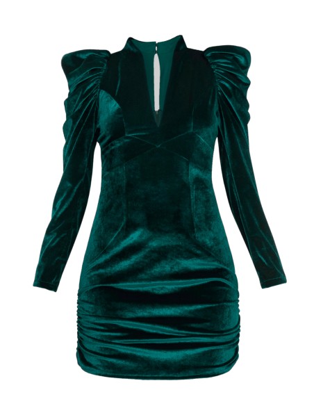 Emerald green velvet mini dress with puffed sleeves