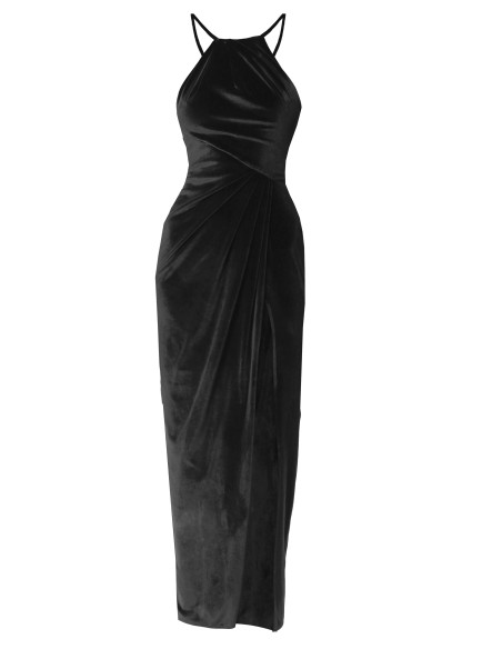 Black velvet midi party dress in black velvet with side slit