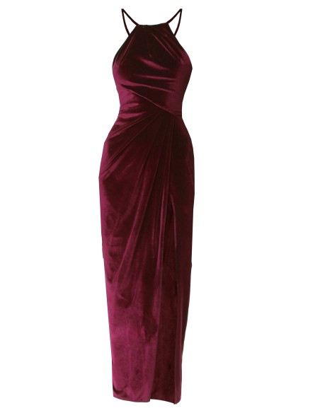 Robe de soirée midi en velours bourgogne avec fente latérale