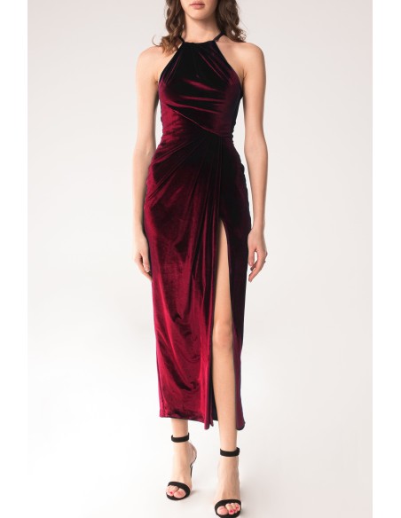 Burgundy velvet midi party dress with side slit