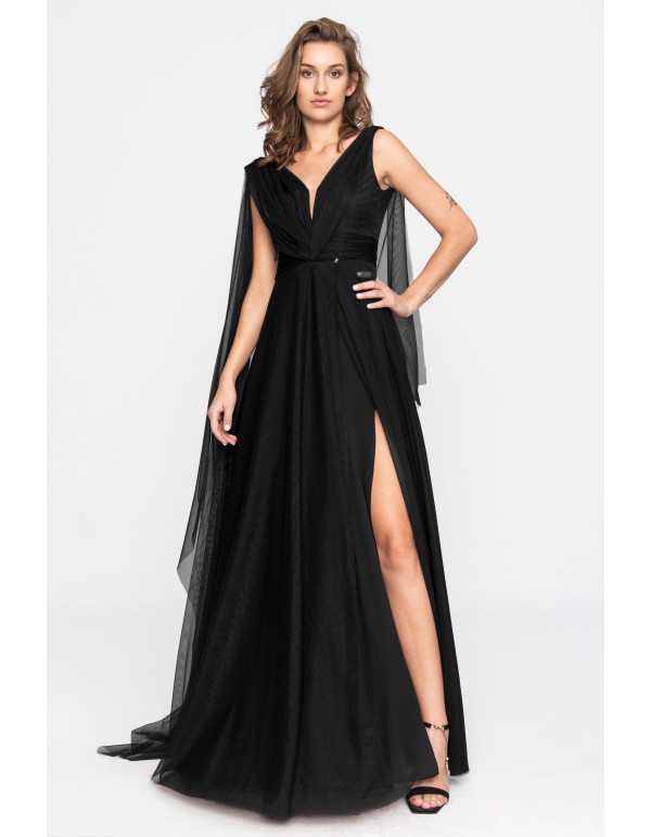 Longue robe de soirée noire en tulle avec fente