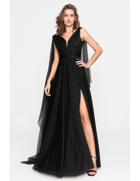 Vestido largo de noche negro de tul con abertura