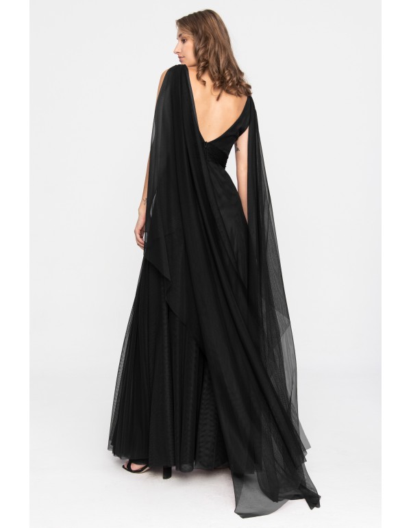 Longue robe de soirée noire en tulle avec fente 2