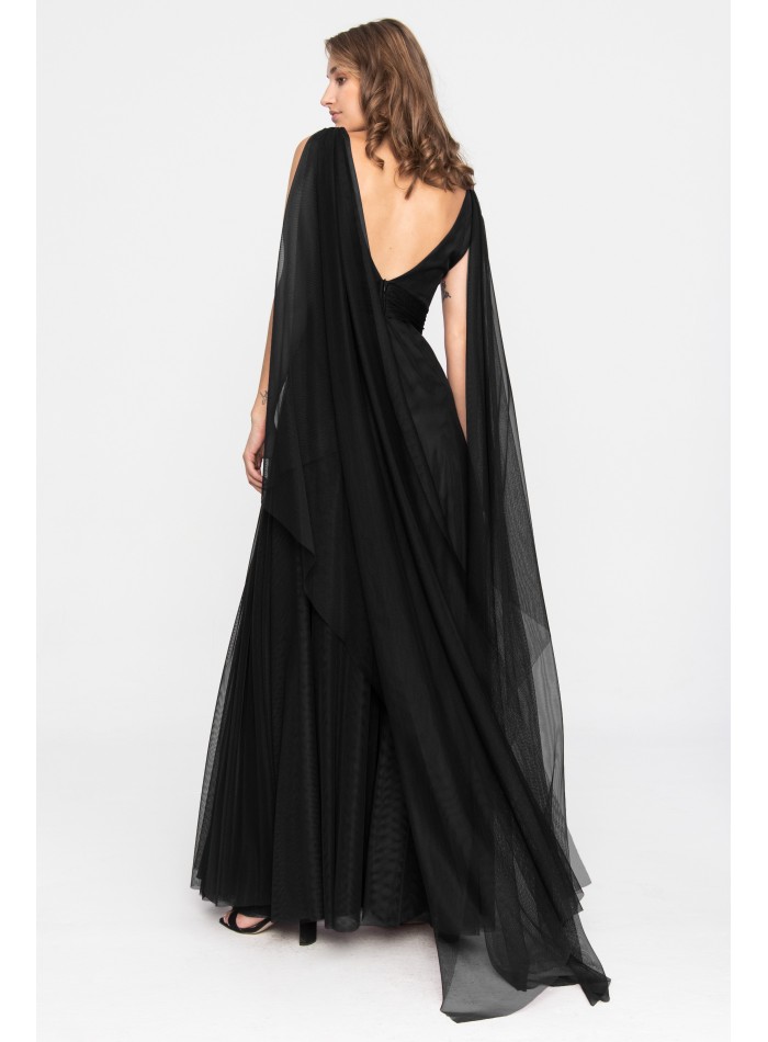 Vestido largo de noche negro de tul con abertura