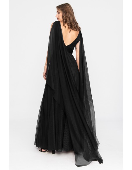 Longue robe de soirée noire en tulle avec fente
