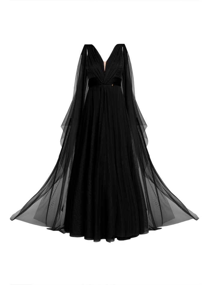 Vestido largo de noche negro de tul con abertura