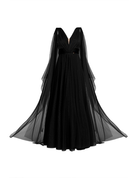 Long black evening dress in tulle with slit