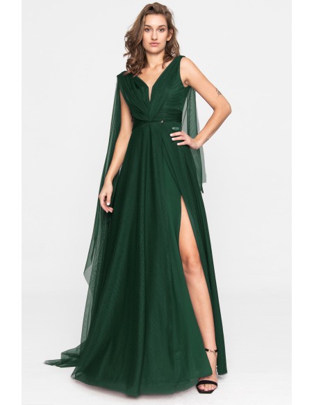 Vestido largo de noche de tul verde esmeralda con abertura