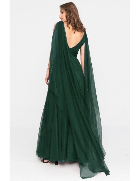 Long evening dress in emerald green tulle with slit