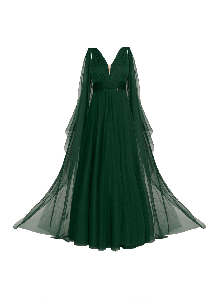 Long evening dress in emerald green tulle with...