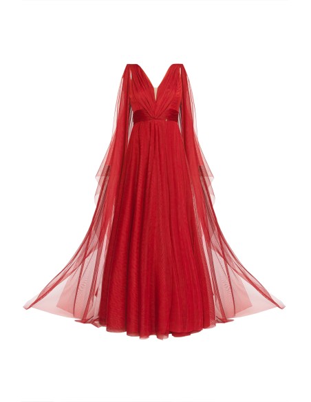 Long red tulle dress with V-neckline and side slit