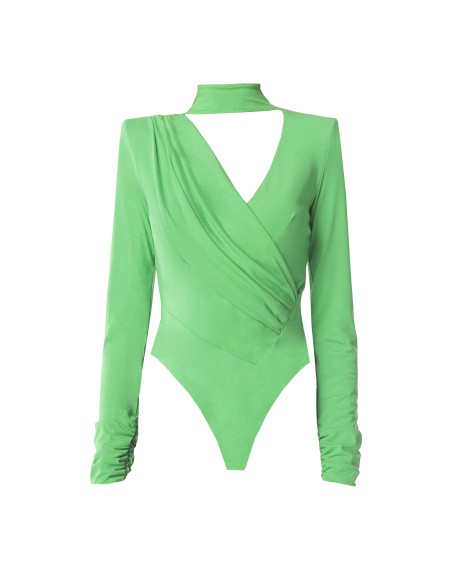 Body vert à manches longues avec col montant asymétrique et col asymétrique