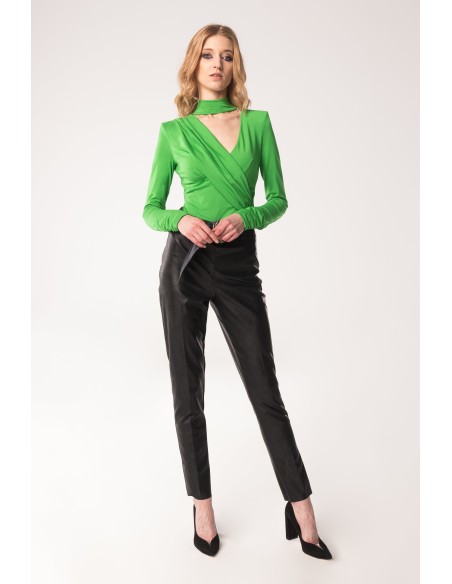 Green long-sleeved body with asymmetrical high neck and asymmetrical collar