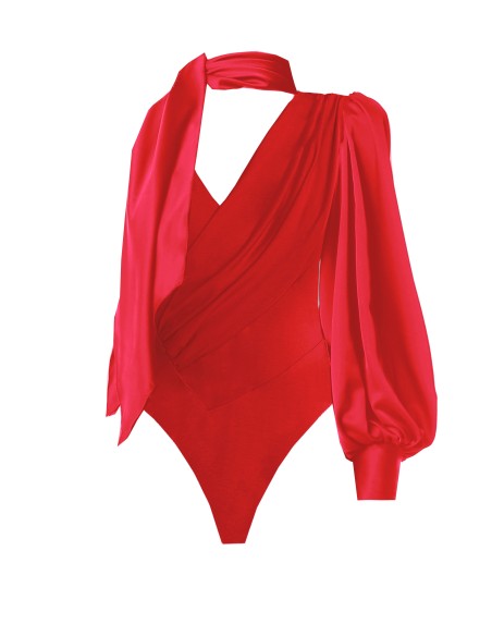 Asymmetrical red party bodysuit with puffed sleeves