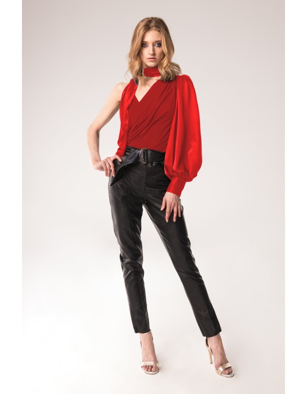 Asymmetrical red party bodysuit with puffed sleeves 2