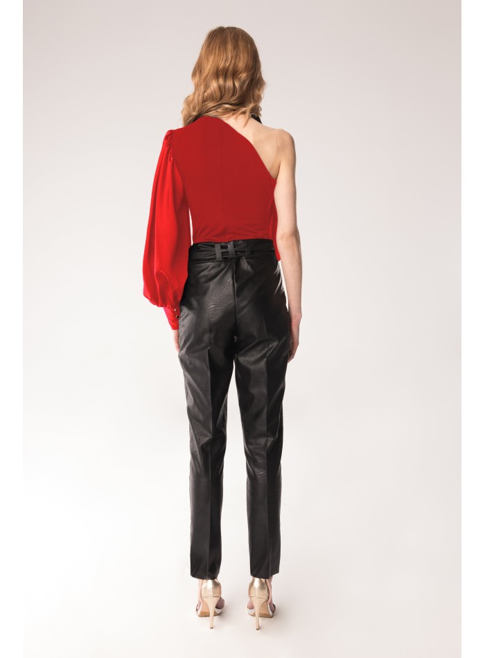 Asymmetrical red party bodysuit with puffed...