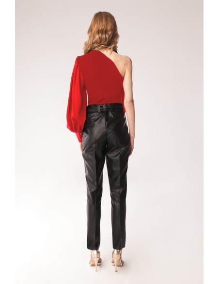 Asymmetrical red party bodysuit with puffed sleeves