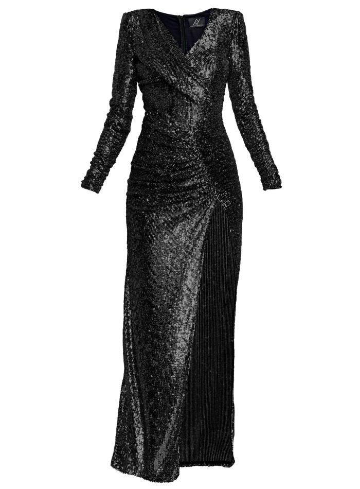 Vestido largo negro de lentejuelas con abertura...