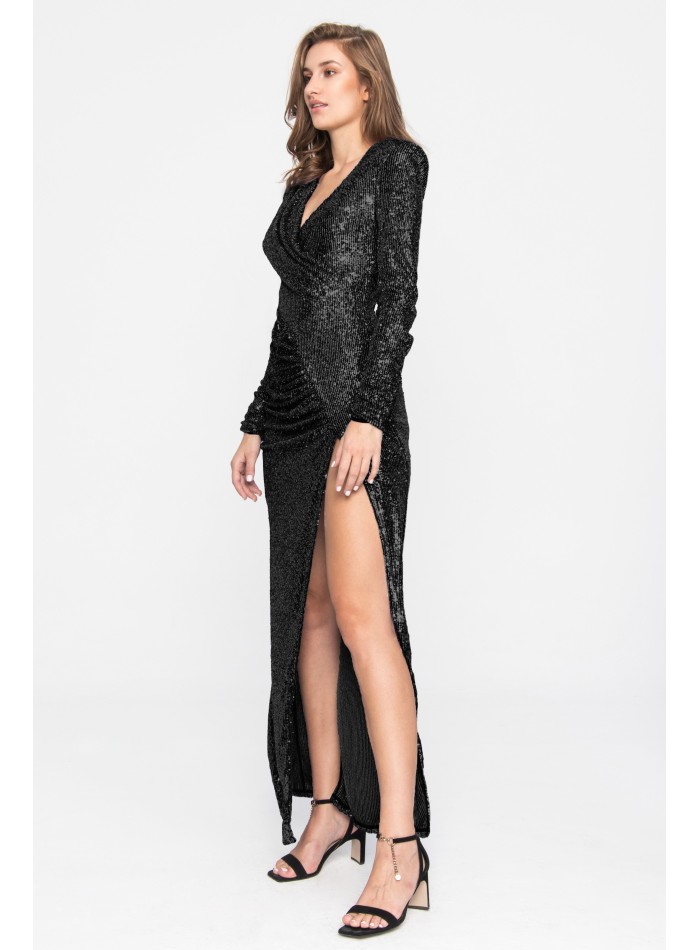 Long black sequin dress with slit for events