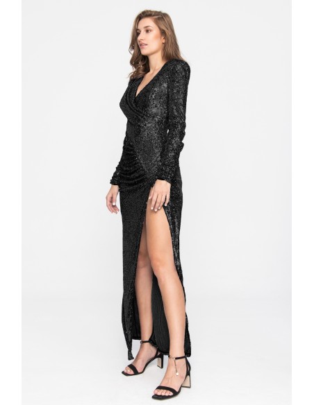 Long black sequin dress with slit for events