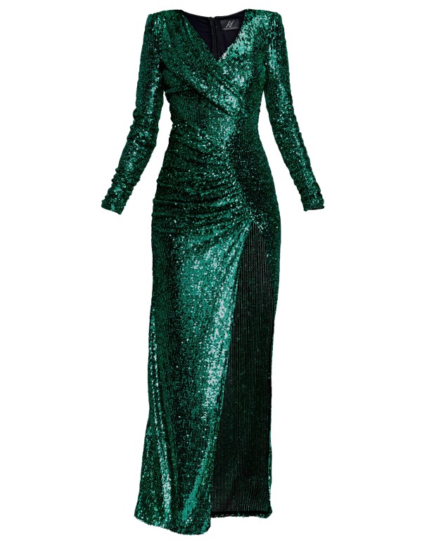 Green long dress with sequins and slit for guests 2
