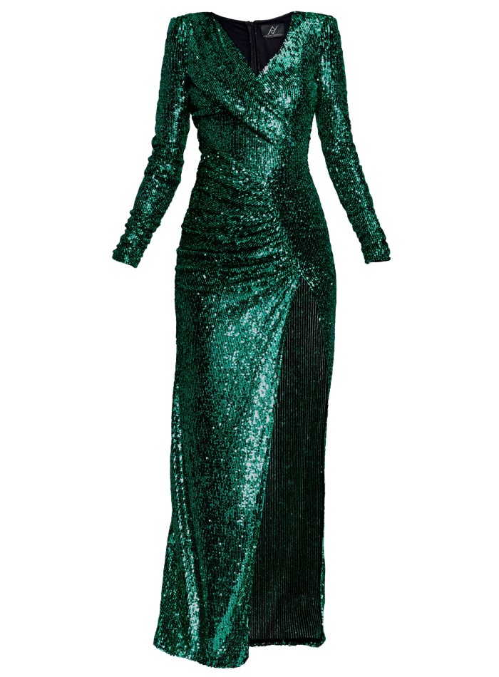 Green long dress with sequins and slit for guests