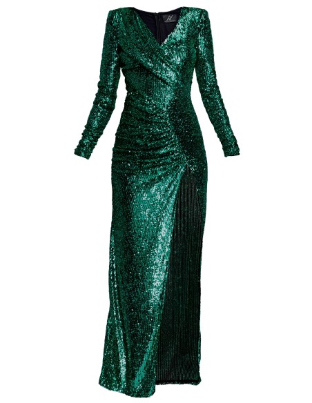 Green long dress with sequins and slit for guests
