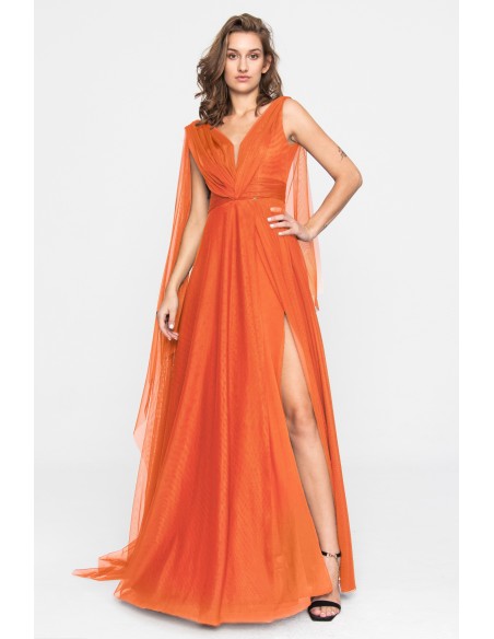 Vestido de fiesta naranja de tul con escote V y abertura