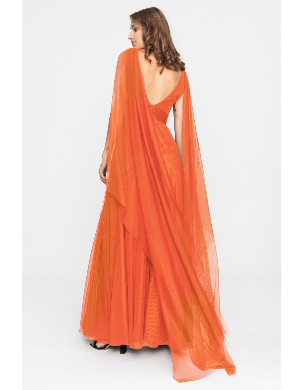 Orange tulle party dress with V-neckline and slit 2
