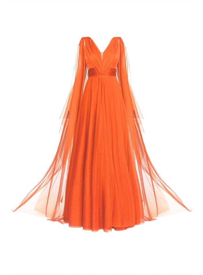 Robe de soirée orange en tulle avec décolleté...