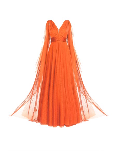 Vestido de fiesta naranja de tul con escote V y abertura