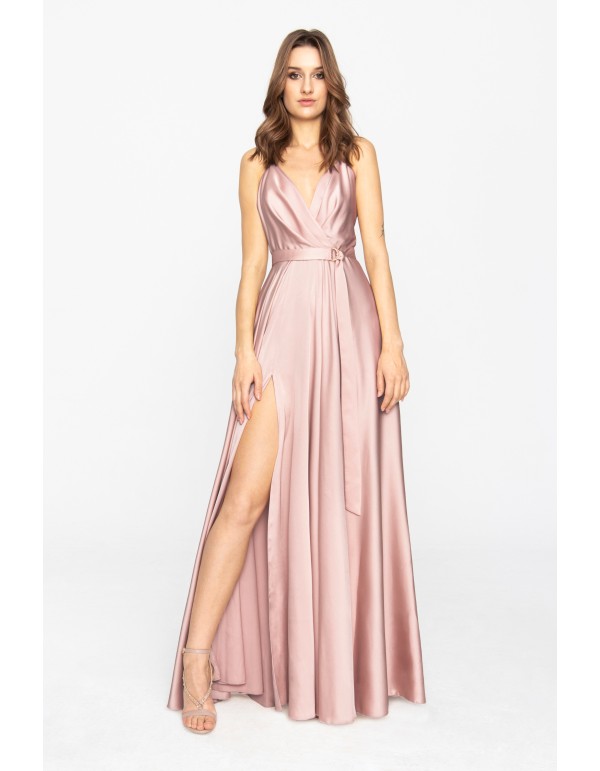 Long satin dusty pink party dress with flounce