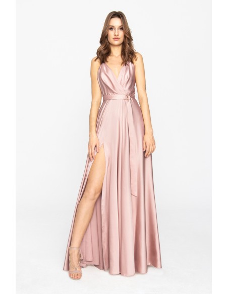 Long satin dusty pink party dress with flounce