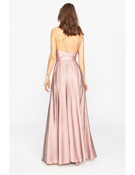 Robe de soirée longue en satin rose poudré avec volant