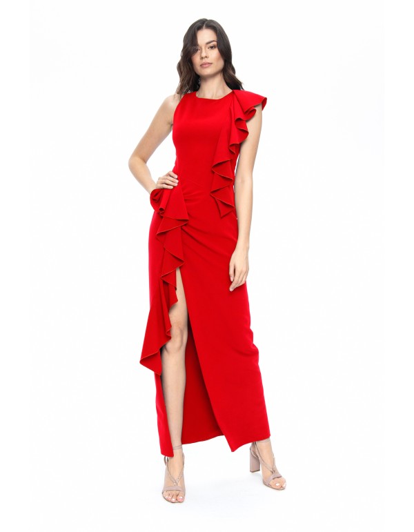 Long red dress with asymmetrical flounces and slit