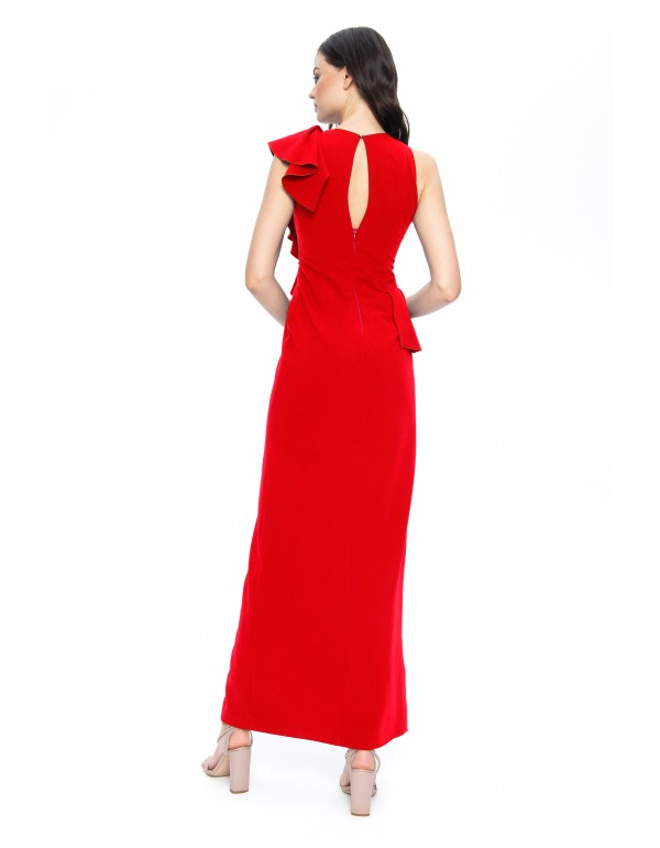 Long red dress with asymmetrical flounces and slit 2