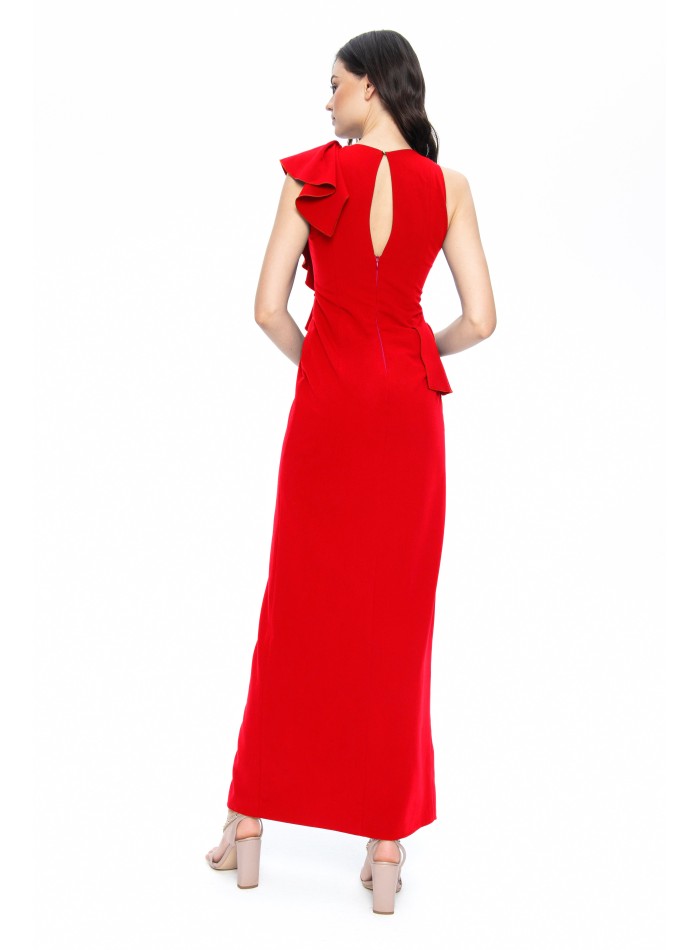 Vestido largo rojo con volantes asimétricos y...