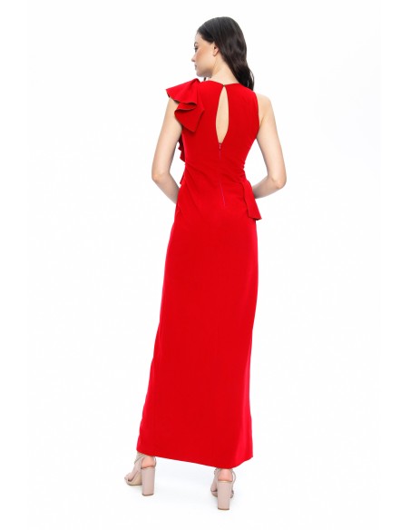Long red dress with asymmetrical flounces and slit
