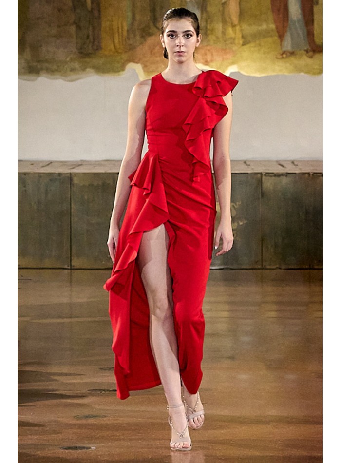 Long red dress with asymmetrical flounces and slit