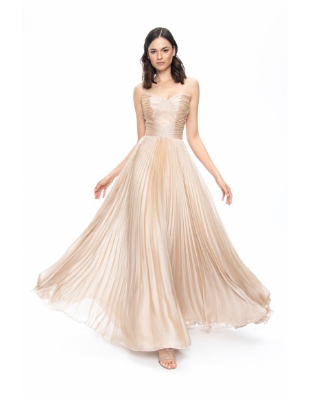Beige satin pleated strapless ball gown in beige satin