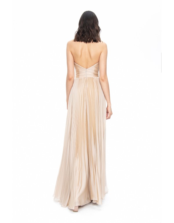 Robe de soirée plissée à bretelles en satin beige 2